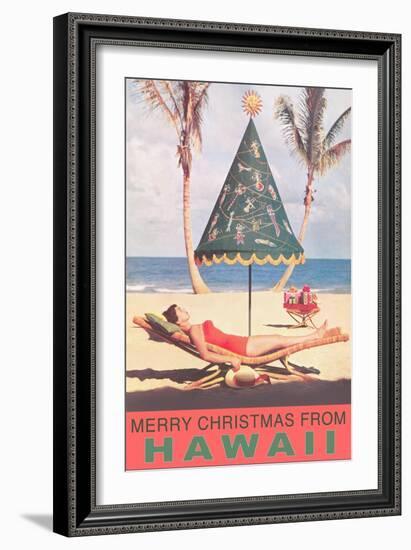 Merry Christmas from Hawaii, Conical Umbrella on Beach-null-Framed Art Print