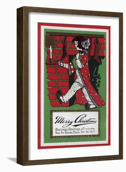 Merry Christmas - Girl Holding Doll and Candlestick-Lantern Press-Framed Art Print