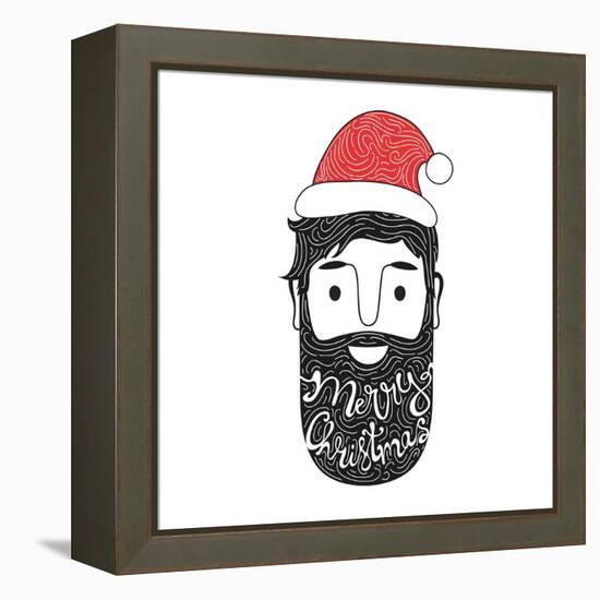 Merry Christmas Hand Drawn Style Illustration with Man Head and Lettering Text. Holiday Typography-julymilks-Framed Stretched Canvas