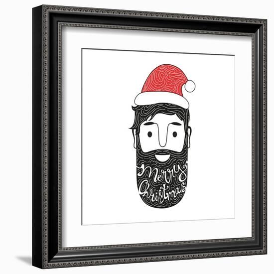 Merry Christmas Hand Drawn Style Illustration with Man Head and Lettering Text. Holiday Typography-julymilks-Framed Art Print