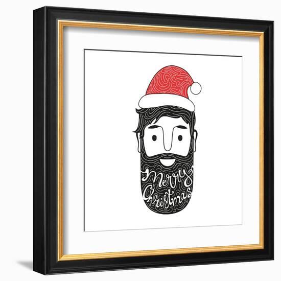 Merry Christmas Hand Drawn Style Illustration with Man Head and Lettering Text. Holiday Typography-julymilks-Framed Art Print