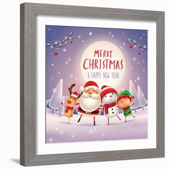 Merry Christmas! Happy Christmas Companions in the Moonlight. Santa Claus, Snowman, Reindeer and El-ori-artiste-Framed Art Print