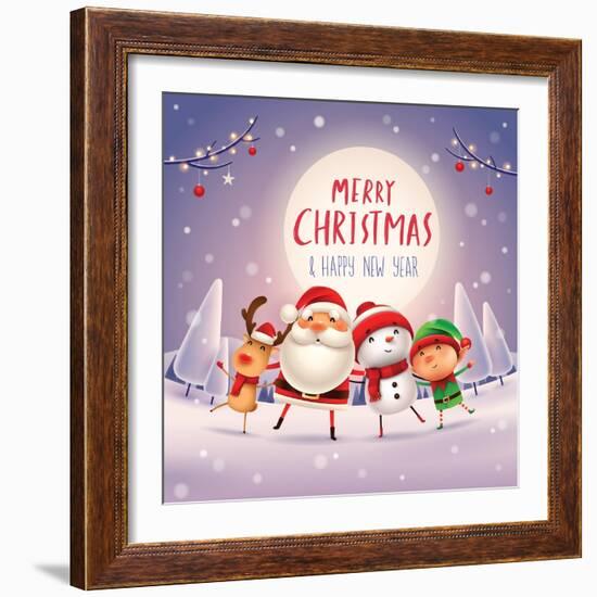 Merry Christmas! Happy Christmas Companions in the Moonlight. Santa Claus, Snowman, Reindeer and El-ori-artiste-Framed Art Print