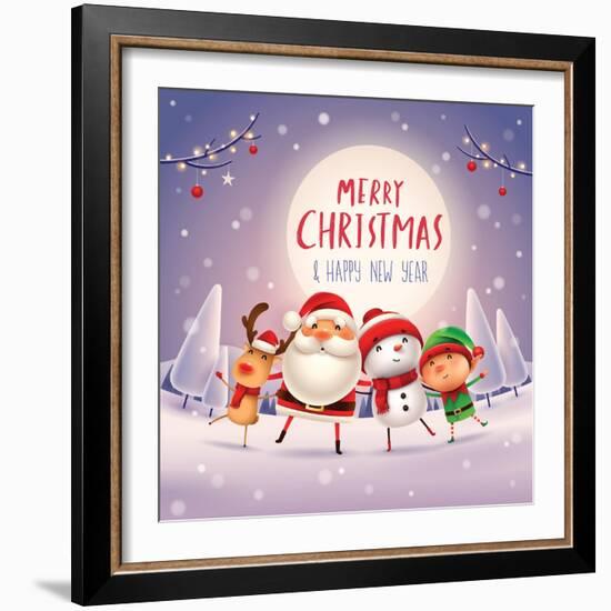Merry Christmas! Happy Christmas Companions in the Moonlight. Santa Claus, Snowman, Reindeer and El-ori-artiste-Framed Art Print