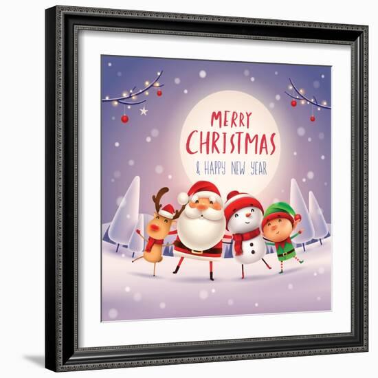 Merry Christmas! Happy Christmas Companions in the Moonlight. Santa Claus, Snowman, Reindeer and El-ori-artiste-Framed Art Print