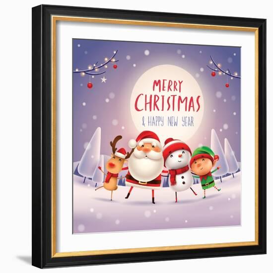 Merry Christmas! Happy Christmas Companions in the Moonlight. Santa Claus, Snowman, Reindeer and El-ori-artiste-Framed Art Print