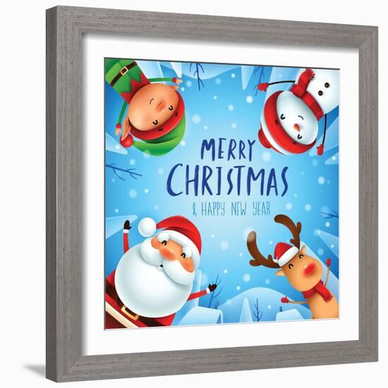 Merry Christmas! Happy Christmas Companions. Santa Claus, Snowman, Reindeer and Elf in Christmas Sn-ori-artiste-Framed Art Print