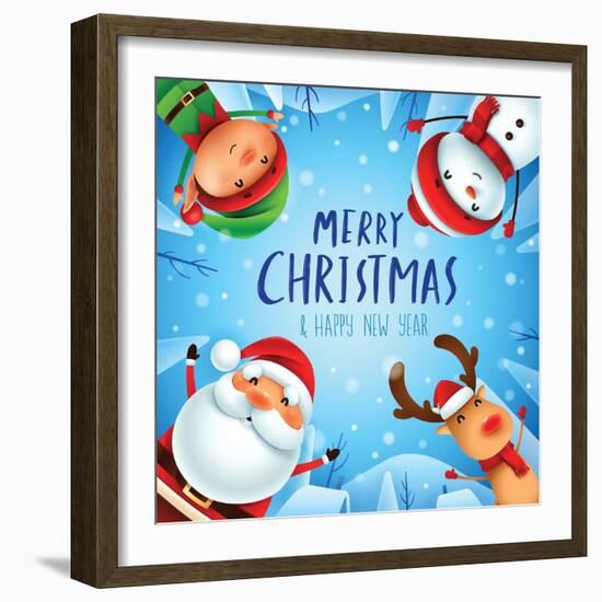 Merry Christmas! Happy Christmas Companions. Santa Claus, Snowman, Reindeer and Elf in Christmas Sn-ori-artiste-Framed Art Print