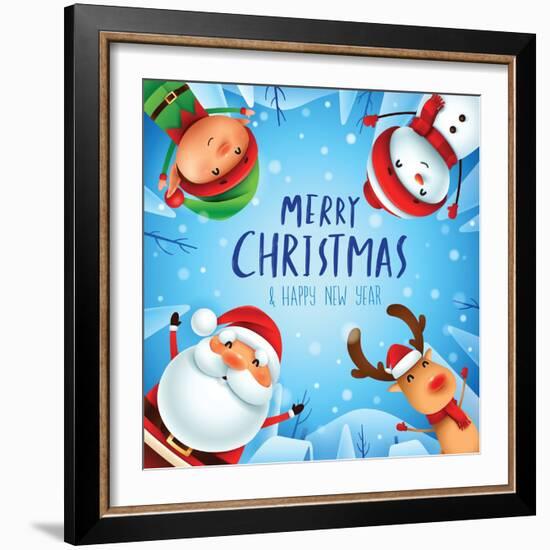 Merry Christmas! Happy Christmas Companions. Santa Claus, Snowman, Reindeer and Elf in Christmas Sn-ori-artiste-Framed Art Print