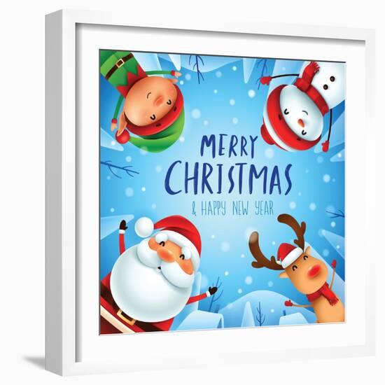 Merry Christmas! Happy Christmas Companions. Santa Claus, Snowman, Reindeer and Elf in Christmas Sn-ori-artiste-Framed Art Print