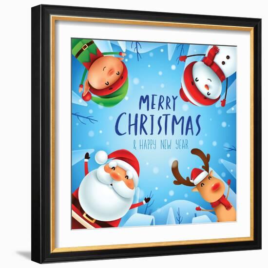 Merry Christmas! Happy Christmas Companions. Santa Claus, Snowman, Reindeer and Elf in Christmas Sn-ori-artiste-Framed Art Print