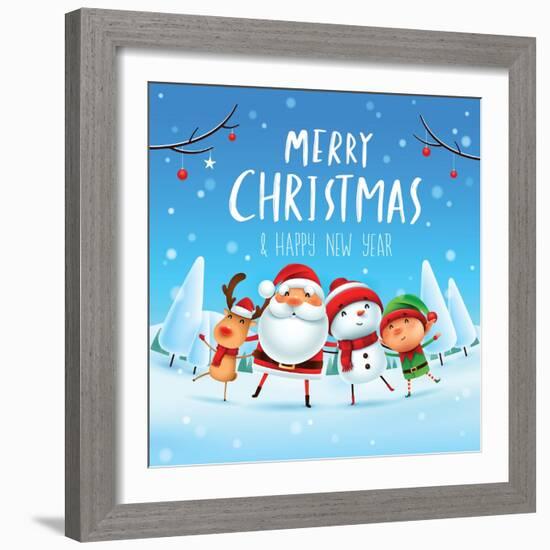 Merry Christmas! Happy Christmas Companions. Santa Claus, Snowman, Reindeer and Elf in Christmas Sn-ori-artiste-Framed Art Print