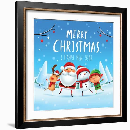 Merry Christmas! Happy Christmas Companions. Santa Claus, Snowman, Reindeer and Elf in Christmas Sn-ori-artiste-Framed Art Print