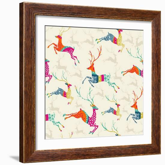 Merry Christmas Reindeer Pattern-cienpies-Framed Art Print