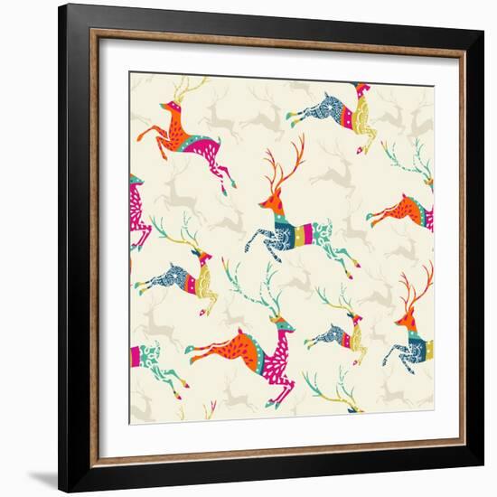 Merry Christmas Reindeer Pattern-cienpies-Framed Art Print