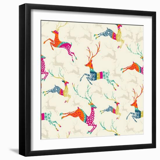 Merry Christmas Reindeer Pattern-cienpies-Framed Art Print