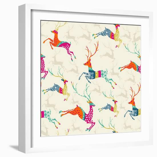 Merry Christmas Reindeer Pattern-cienpies-Framed Art Print