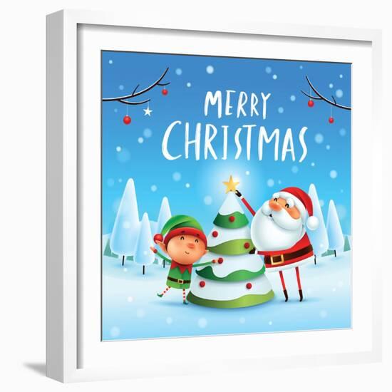 Merry Christmas! Santa Claus and Elf Decorate the Christmas Tree in Christmas Snow Scene. Winter La-ori-artiste-Framed Art Print