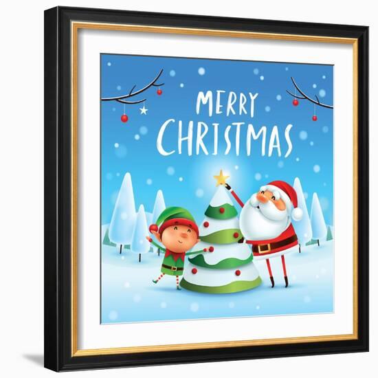 Merry Christmas! Santa Claus and Elf Decorate the Christmas Tree in Christmas Snow Scene. Winter La-ori-artiste-Framed Art Print