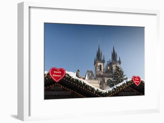 Merry Christmas Sign at Snow-Covered Christmas Market and Tyn Church-Richard Nebesky-Framed Photographic Print