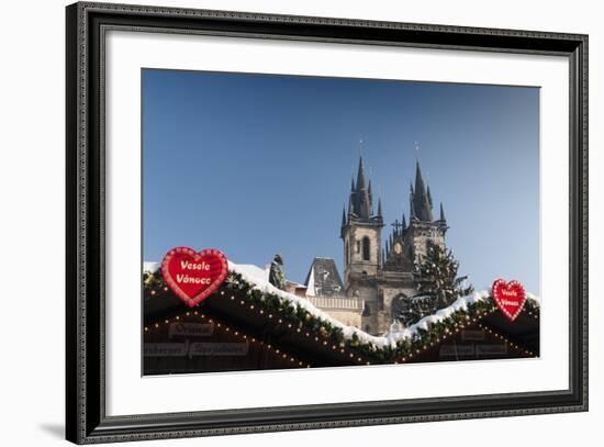 Merry Christmas Sign at Snow-Covered Christmas Market and Tyn Church-Richard Nebesky-Framed Photographic Print