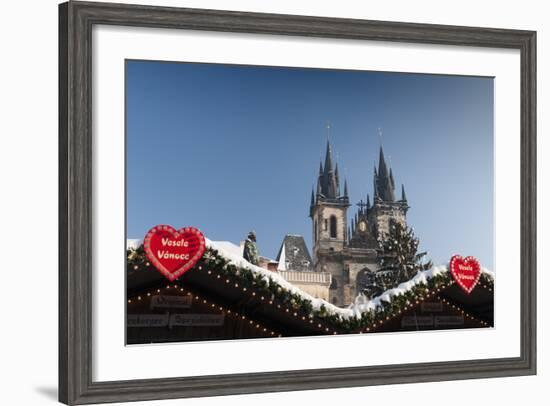 Merry Christmas Sign at Snow-Covered Christmas Market and Tyn Church-Richard Nebesky-Framed Photographic Print