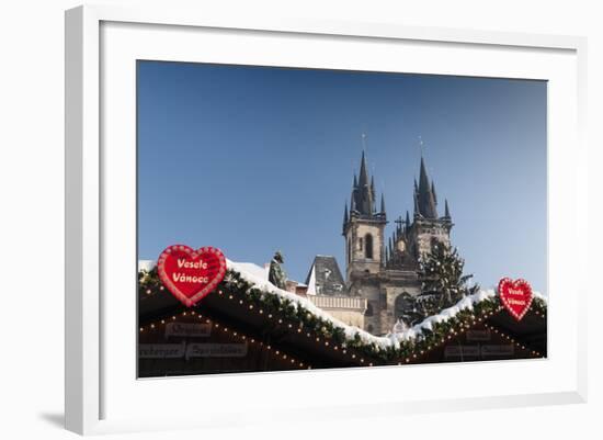 Merry Christmas Sign at Snow-Covered Christmas Market and Tyn Church-Richard Nebesky-Framed Photographic Print