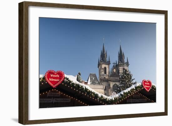 Merry Christmas Sign at Snow-Covered Christmas Market and Tyn Church-Richard Nebesky-Framed Photographic Print