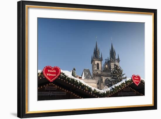 Merry Christmas Sign at Snow-Covered Christmas Market and Tyn Church-Richard Nebesky-Framed Photographic Print