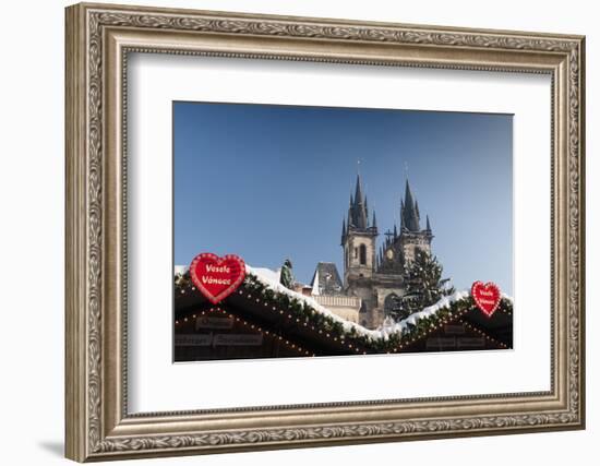 Merry Christmas Sign at Snow-Covered Christmas Market and Tyn Church-Richard Nebesky-Framed Photographic Print