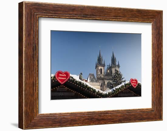 Merry Christmas Sign at Snow-Covered Christmas Market and Tyn Church-Richard Nebesky-Framed Photographic Print