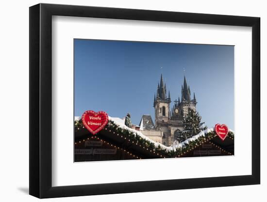 Merry Christmas Sign at Snow-Covered Christmas Market and Tyn Church-Richard Nebesky-Framed Photographic Print