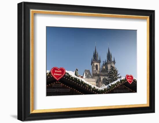 Merry Christmas Sign at Snow-Covered Christmas Market and Tyn Church-Richard Nebesky-Framed Photographic Print