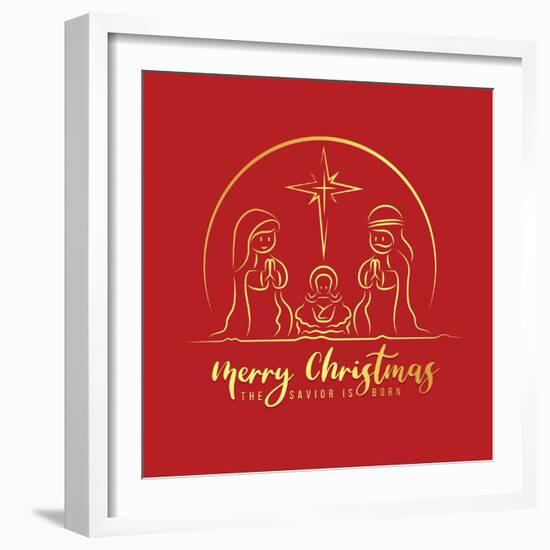 Merry Christmas, the Savior is Born - Gold Line Drawing Cute Charactor Style, the Nativity with Mar-ananaline-Framed Photographic Print