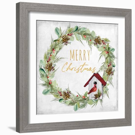 Merry Christmas Wreath and Bird House-Lanie Loreth-Framed Art Print