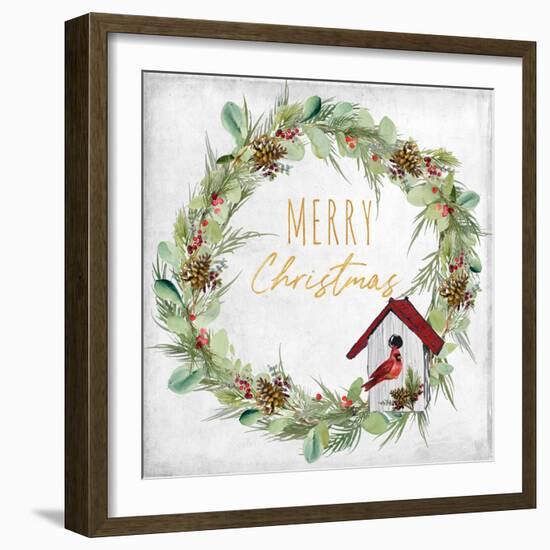 Merry Christmas Wreath and Bird House-Lanie Loreth-Framed Art Print