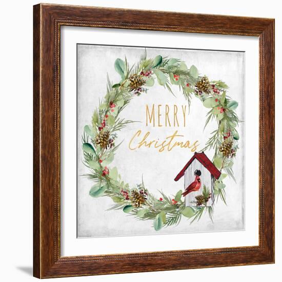 Merry Christmas Wreath and Bird House-Lanie Loreth-Framed Art Print