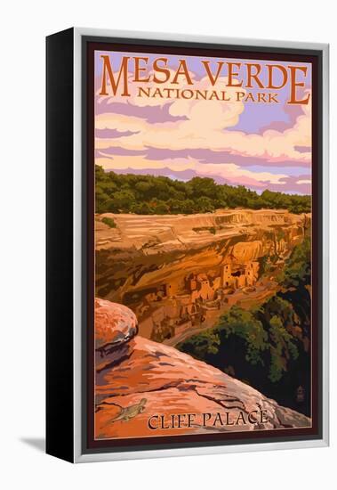 Mesa Verde National Park, Colorado - Cliff Palace at Sunset-Lantern Press-Framed Stretched Canvas