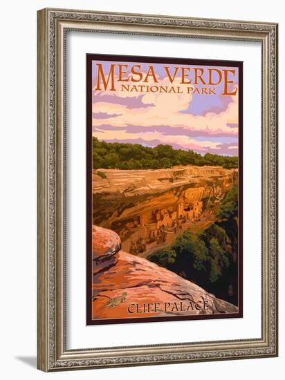 Mesa Verde National Park, Colorado - Cliff Palace at Sunset-Lantern Press-Framed Premium Giclee Print