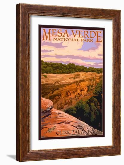 Mesa Verde National Park, Colorado - Cliff Palace at Sunset-Lantern Press-Framed Premium Giclee Print