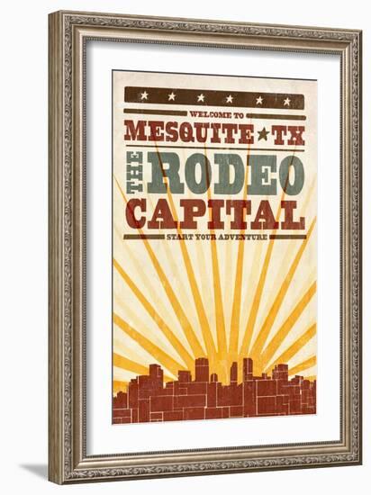 Mesquite, Texas - Skyline and Sunburst Screenprint Style-Lantern Press-Framed Art Print