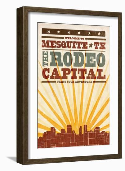 Mesquite, Texas - Skyline and Sunburst Screenprint Style-Lantern Press-Framed Art Print