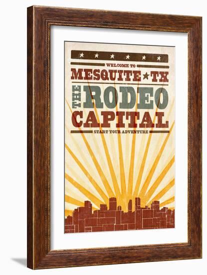 Mesquite, Texas - Skyline and Sunburst Screenprint Style-Lantern Press-Framed Art Print