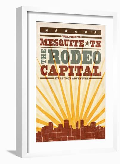 Mesquite, Texas - Skyline and Sunburst Screenprint Style-Lantern Press-Framed Art Print