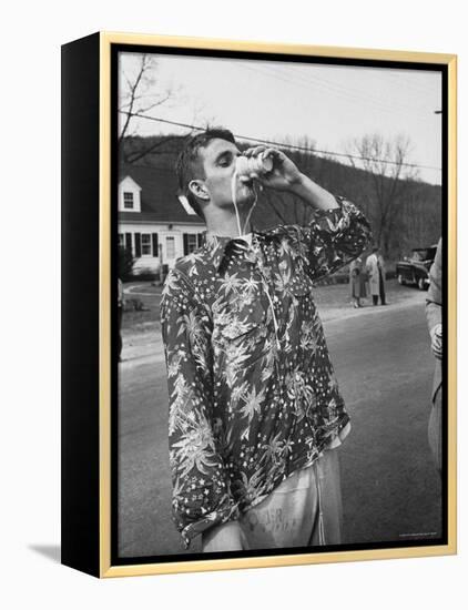 Messy Guzzler Drinking So Fast That Beer Misses His Mouth and Streams Down Front of His Shirt-Yale Joel-Framed Premier Image Canvas