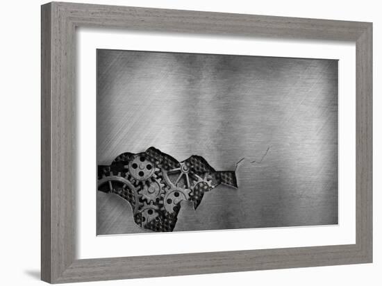 Metal Background With Mechanical Damage And Visible Gears Of Engine-Andrey_Kuzmin-Framed Art Print