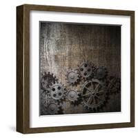 Metal Background With Rusty Gears And Cogs-Andrey_Kuzmin-Framed Art Print