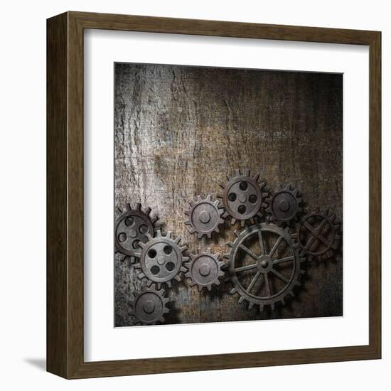 Metal Background With Rusty Gears And Cogs-Andrey_Kuzmin-Framed Art Print