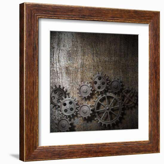 Metal Background With Rusty Gears And Cogs-Andrey_Kuzmin-Framed Art Print