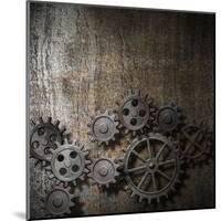 Metal Background With Rusty Gears And Cogs-Andrey_Kuzmin-Mounted Art Print
